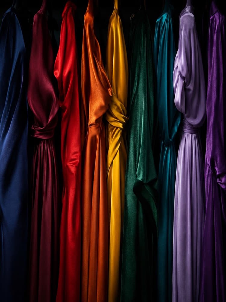 A row of garments dyed in the studio's full spectrum of colours