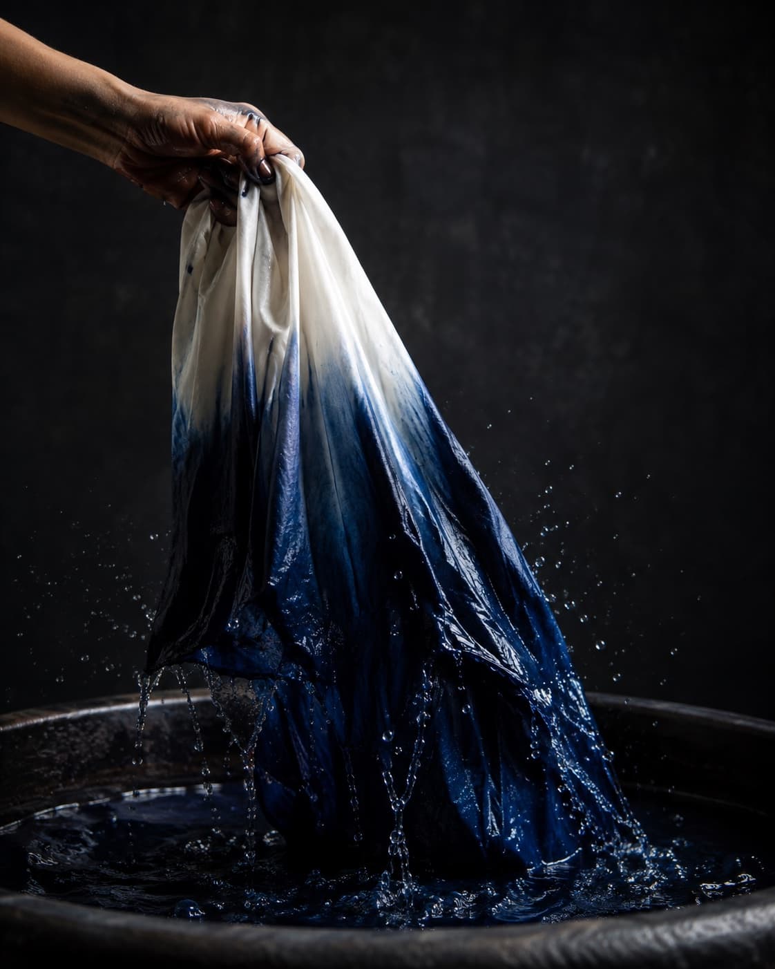 A hand lifting silk fabric out of a dye vat, colour bleeding from white into deep indigo blue